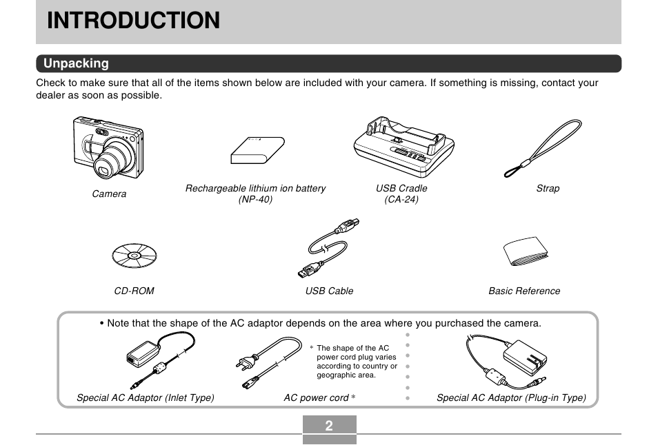 Introduction, Unpacking | Casio EX-Z30/EX-Z40 User Manual | Page 2 / 198