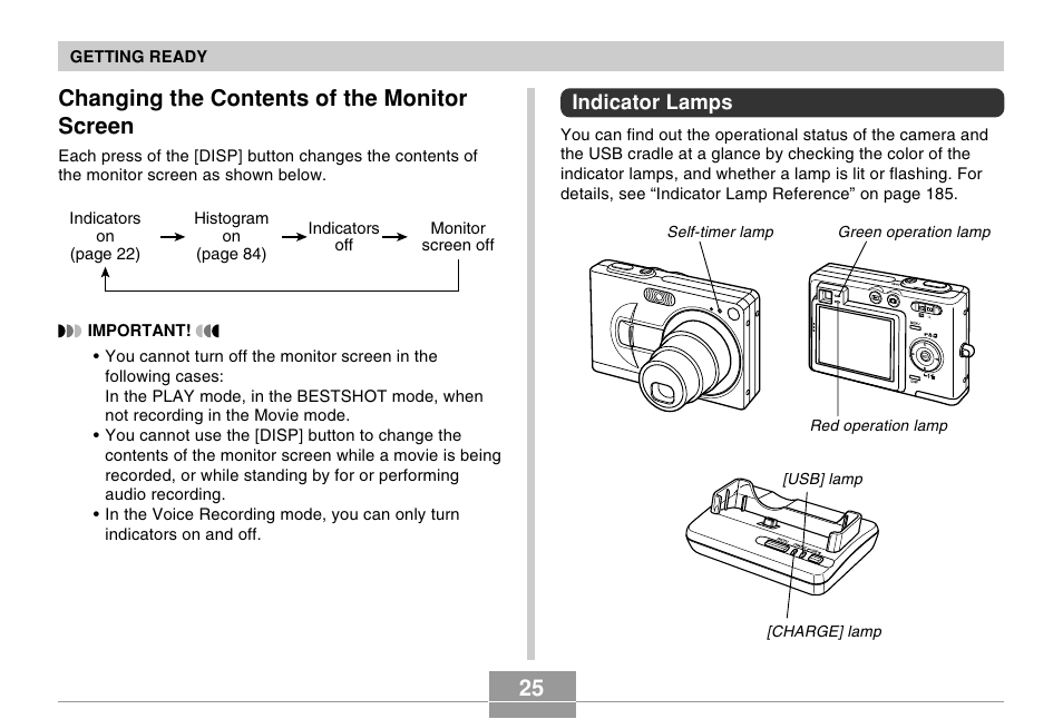 Changing the contents of the monitor screen, Indicator lamps | Casio EX-Z30/EX-Z40 User Manual | Page 25 / 198