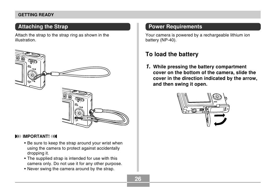 Attaching the strap, Power requirements, To load the battery | Casio EX-Z30/EX-Z40 User Manual | Page 26 / 198