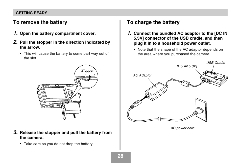 To remove the battery, To charge the battery, 28 to charge the battery 1 | Casio EX-Z30/EX-Z40 User Manual | Page 28 / 198