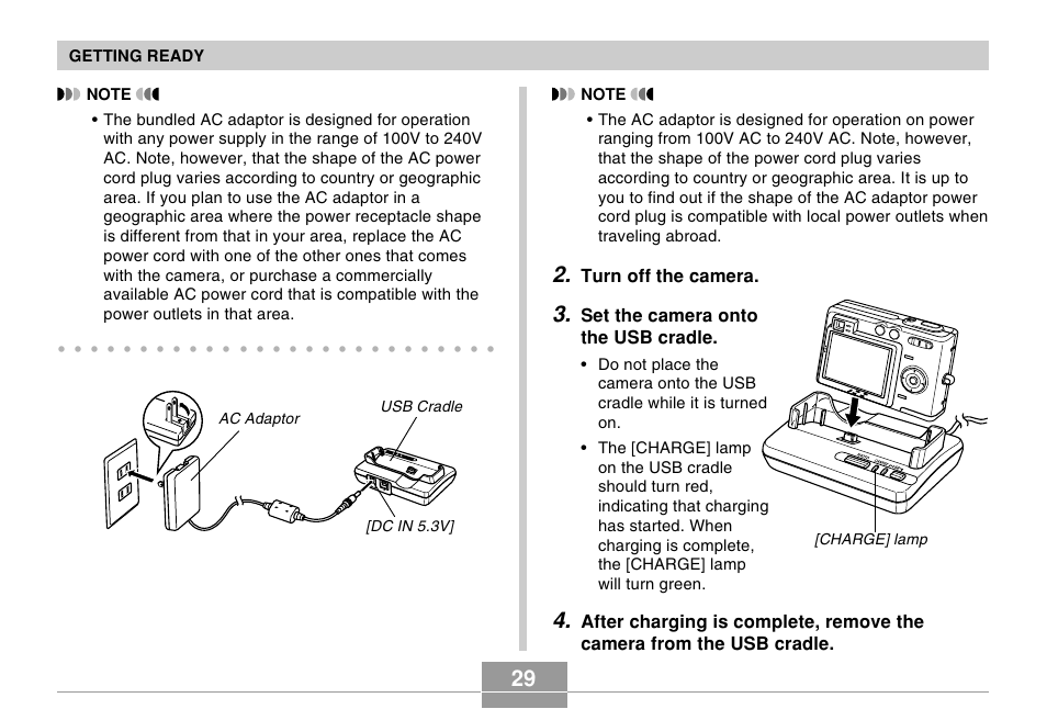 Turn off the camera, Set the camera onto the usb cradle, Getting ready | Ac adaptor [dc in 5.3v] usb cradle | Casio EX-Z30/EX-Z40 User Manual | Page 29 / 198