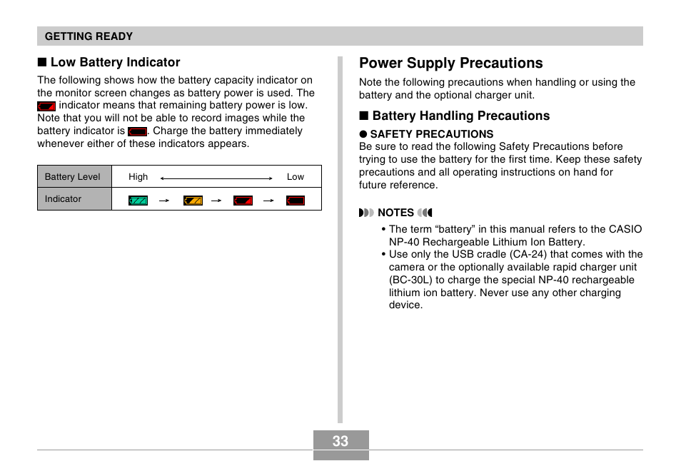 Power supply precautions | Casio EX-Z30/EX-Z40 User Manual | Page 33 / 198