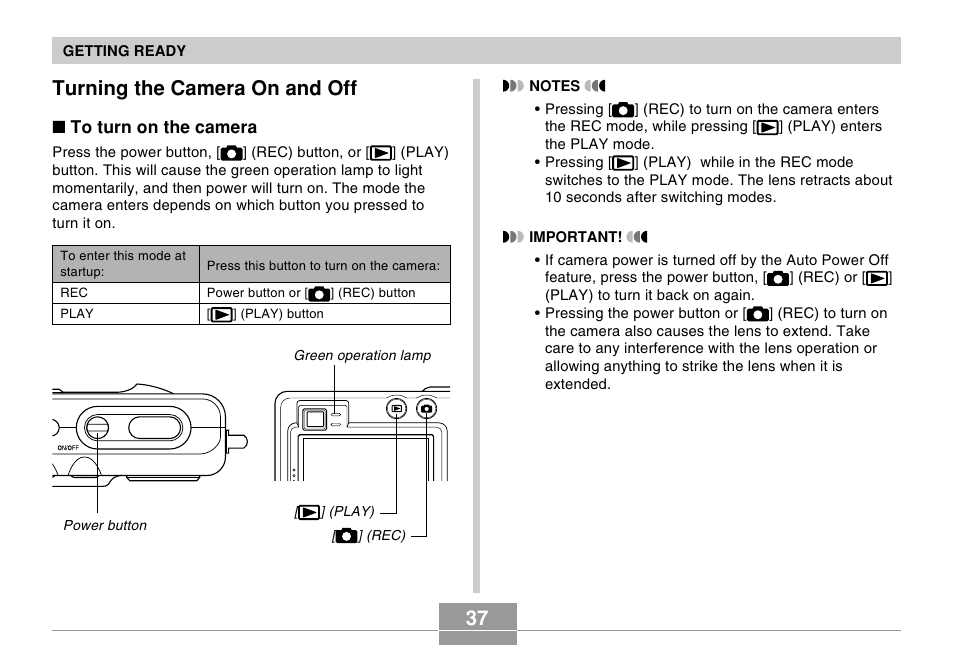 Turning the camera on and off, 37 turning the camera on and off | Casio EX-Z30/EX-Z40 User Manual | Page 37 / 198