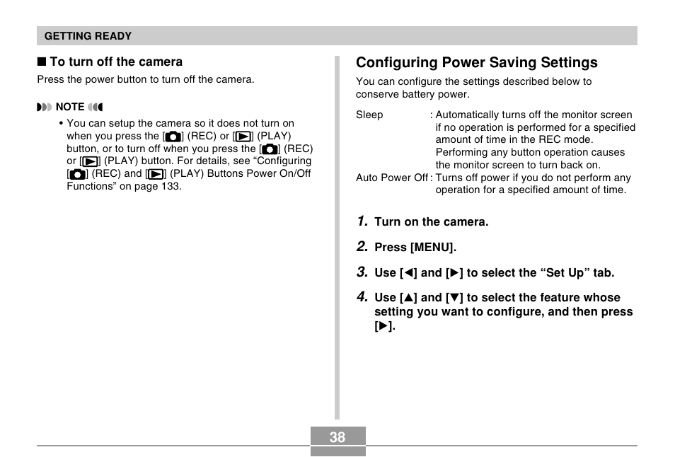 Configuring power saving settings | Casio EX-Z30/EX-Z40 User Manual | Page 38 / 198