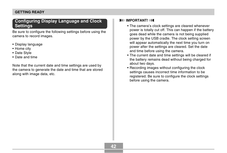 Configuring display language and clock settings | Casio EX-Z30/EX-Z40 User Manual | Page 42 / 198