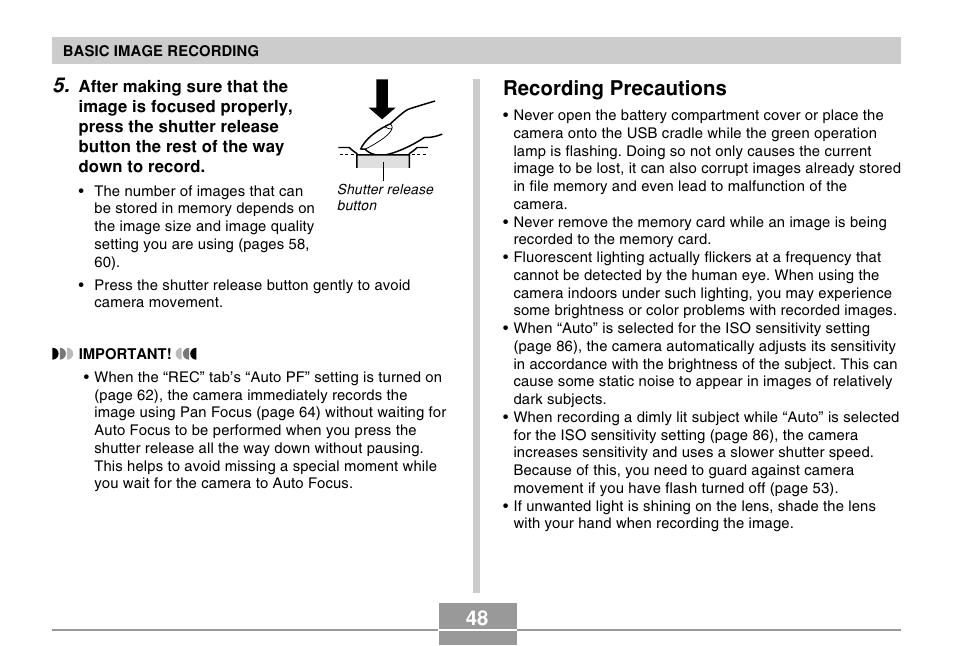 Recording precautions | Casio EX-Z30/EX-Z40 User Manual | Page 48 / 198