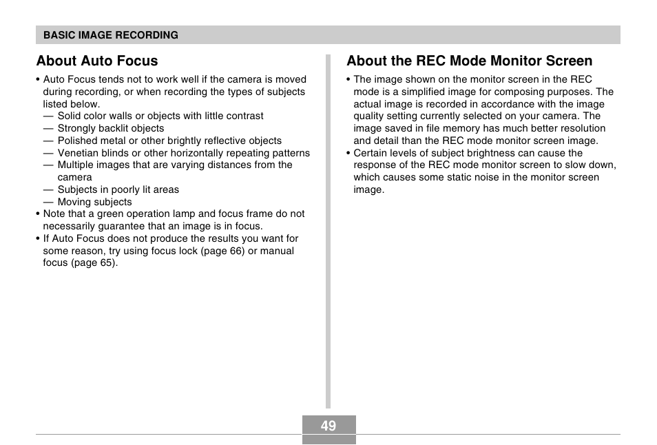 About auto focus, About the rec mode monitor screen | Casio EX-Z30/EX-Z40 User Manual | Page 49 / 198