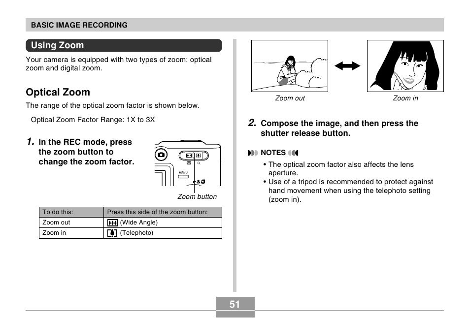 Using zoom, Optical zoom | Casio EX-Z30/EX-Z40 User Manual | Page 51 / 198