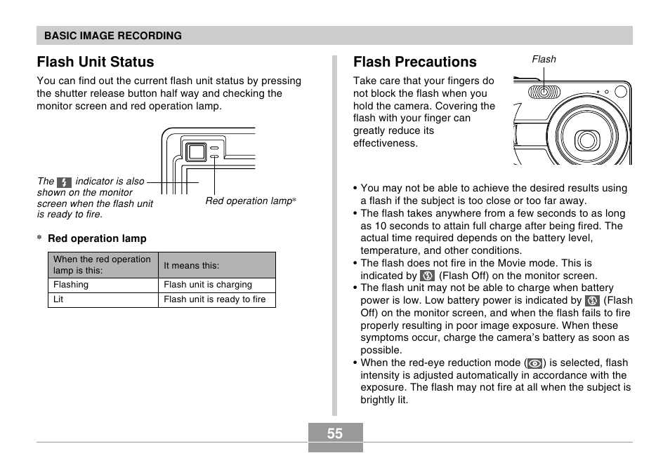 Flash unit status, Flash precautions | Casio EX-Z30/EX-Z40 User Manual | Page 55 / 198