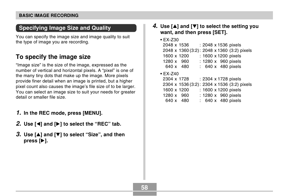 Specifying image size and quality, To specify the image size | Casio EX-Z30/EX-Z40 User Manual | Page 58 / 198