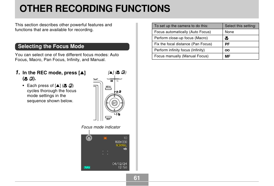 Other recording functions, Selecting the focus mode | Casio EX-Z30/EX-Z40 User Manual | Page 61 / 198