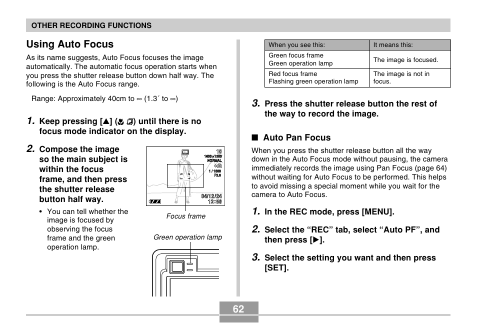 Using auto focus, Auto pan focus | Casio EX-Z30/EX-Z40 User Manual | Page 62 / 198