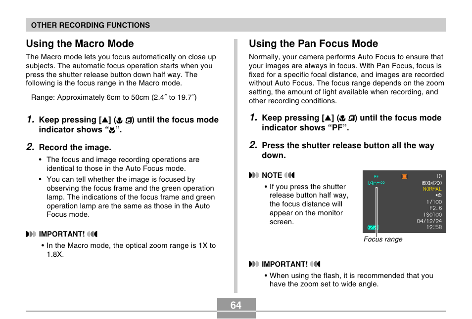 Using the macro mode, Using the pan focus mode | Casio EX-Z30/EX-Z40 User Manual | Page 64 / 198