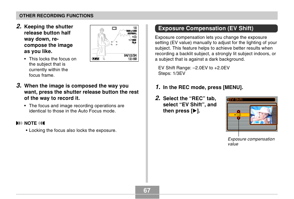 Exposure compensation (ev shift) | Casio EX-Z30/EX-Z40 User Manual | Page 67 / 198