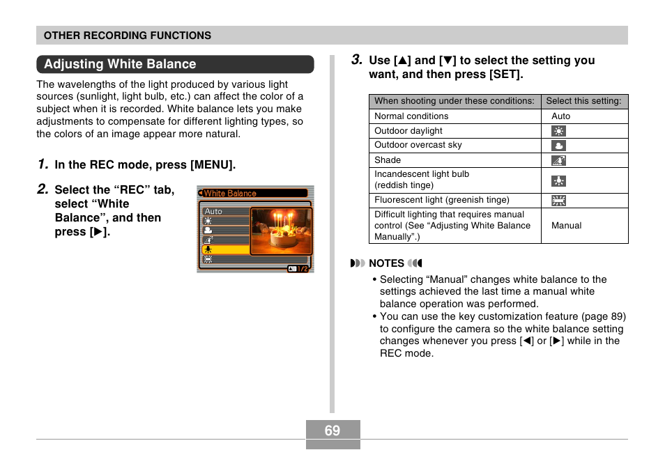 Adjusting white balance | Casio EX-Z30/EX-Z40 User Manual | Page 69 / 198