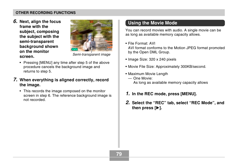 Using the movie mode | Casio EX-Z30/EX-Z40 User Manual | Page 79 / 198