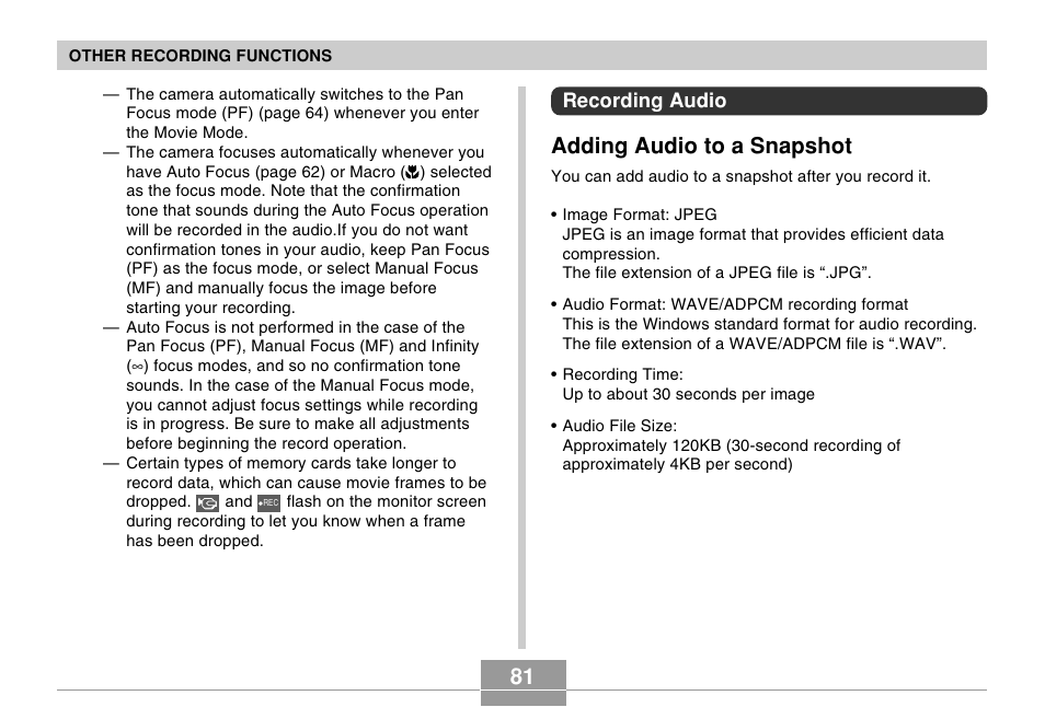 Recording audio, Adding audio to a snapshot | Casio EX-Z30/EX-Z40 User Manual | Page 81 / 198