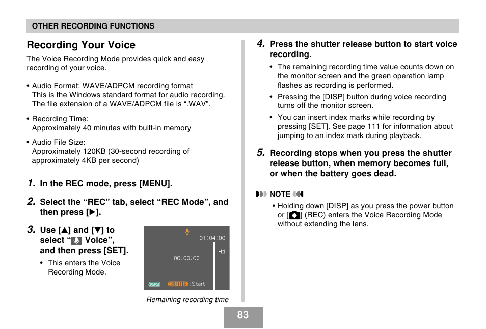 Recording your voice | Casio EX-Z30/EX-Z40 User Manual | Page 83 / 198