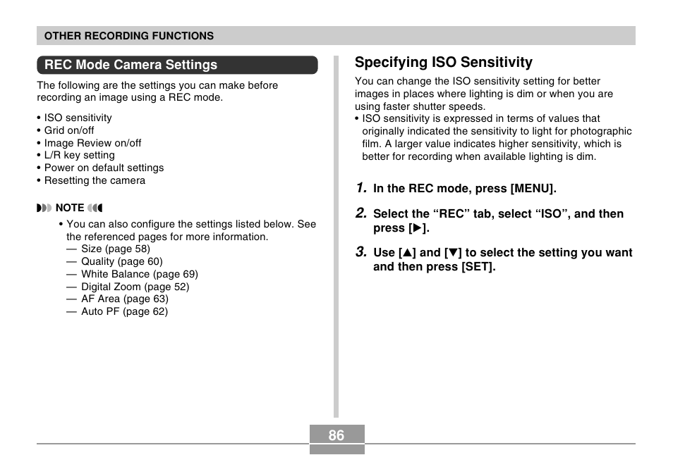 Rec mode camera settings, Specifying iso sensitivity | Casio EX-Z30/EX-Z40 User Manual | Page 86 / 198