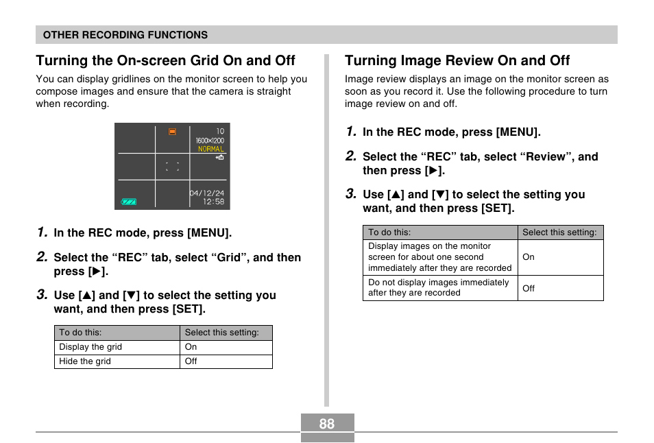 Turning the on-screen grid on and off, Turning image review on and off | Casio EX-Z30/EX-Z40 User Manual | Page 88 / 198