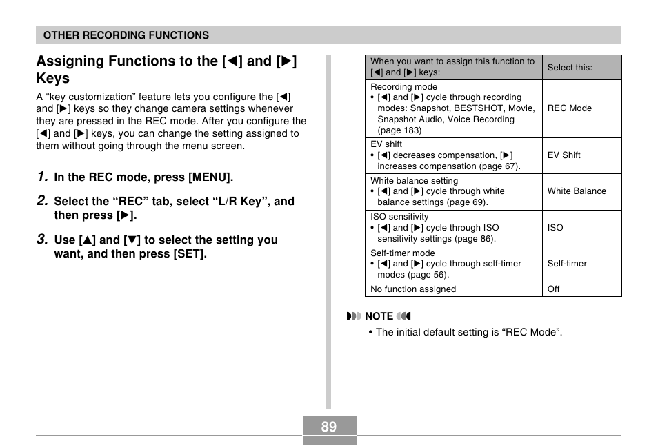 Assigning functions to the [<] and [>] keys, Assigning functions to the [ ̇ ] and [ ̈ ] keys | Casio EX-Z30/EX-Z40 User Manual | Page 89 / 198