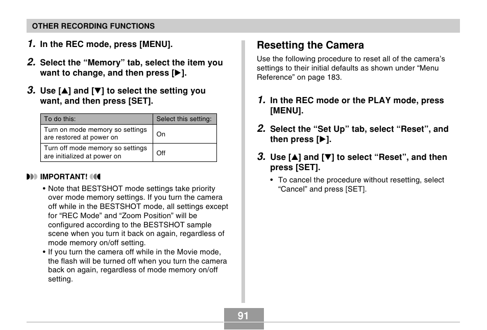 Resetting the camera | Casio EX-Z30/EX-Z40 User Manual | Page 91 / 198