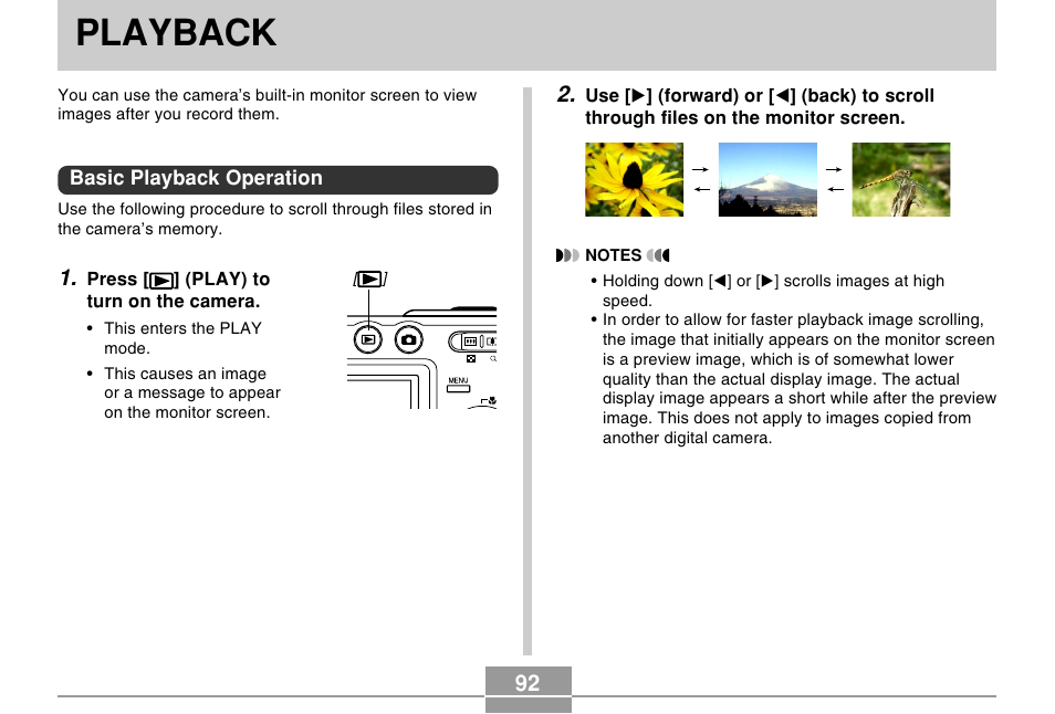 Playback, Basic playback operation | Casio EX-Z30/EX-Z40 User Manual | Page 92 / 198