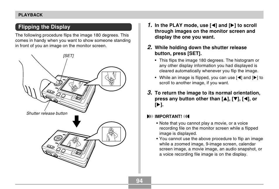 Flipping the display | Casio EX-Z30/EX-Z40 User Manual | Page 94 / 198