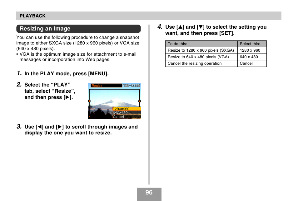 Resizing an image | Casio EX-Z30/EX-Z40 User Manual | Page 96 / 198