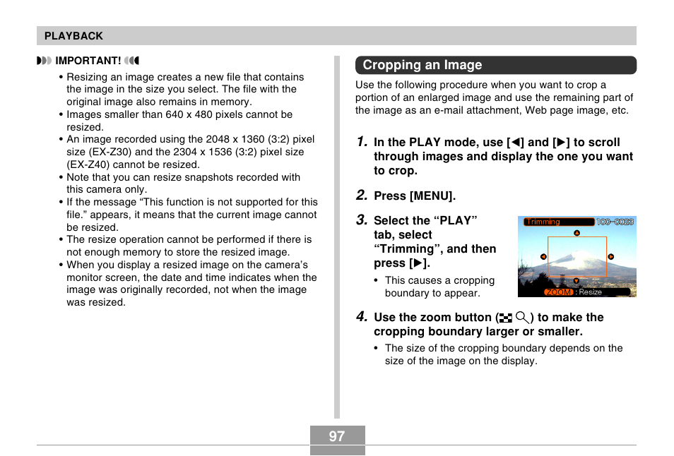 Cropping an image | Casio EX-Z30/EX-Z40 User Manual | Page 97 / 198