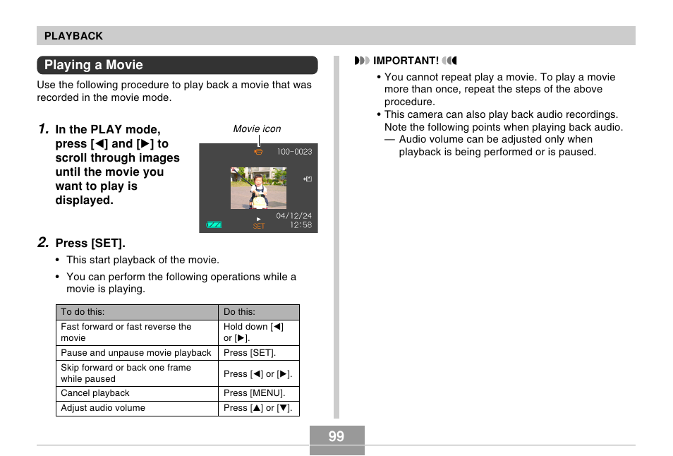 Playing a movie | Casio EX-Z30/EX-Z40 User Manual | Page 99 / 198