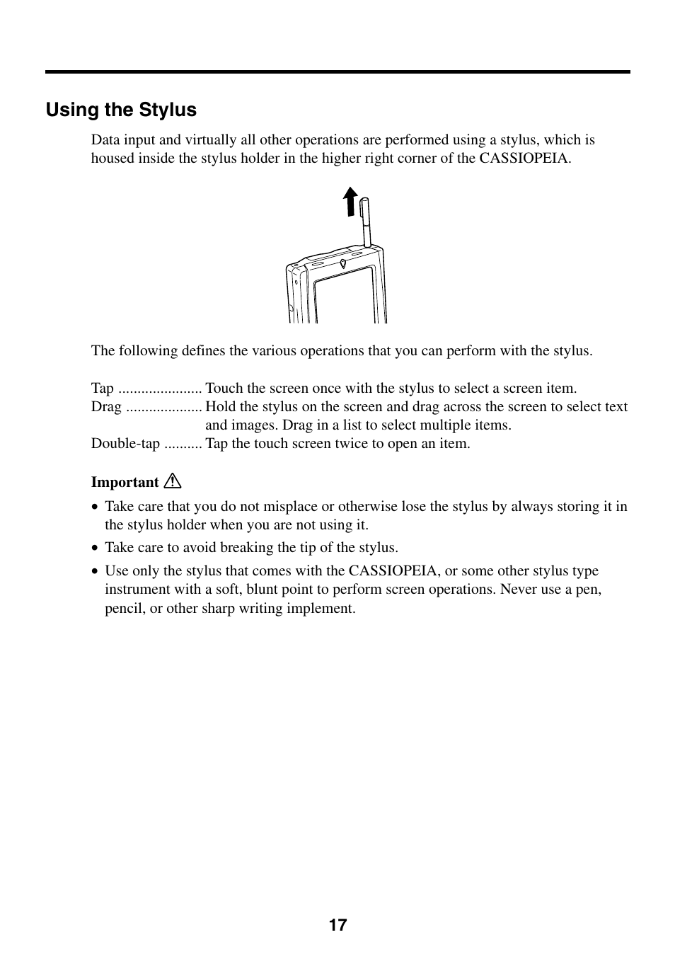 Using the stylus | Casio Cassiopeia BE-300 User Manual | Page 17 / 47