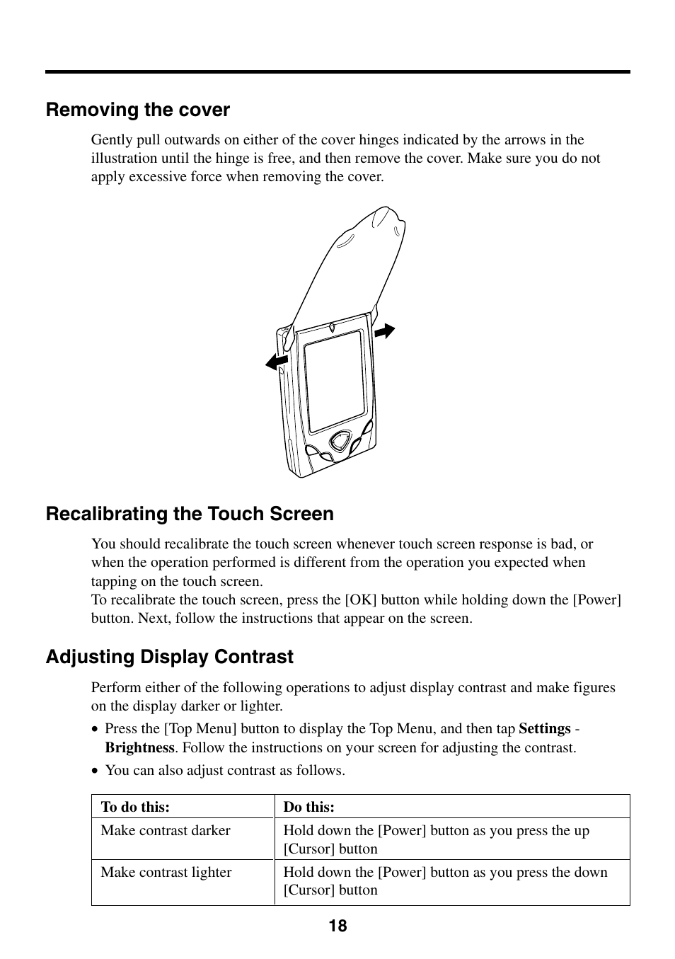 Removing the cover, Recalibrating the touch screen, Adjusting display contrast | Casio Cassiopeia BE-300 User Manual | Page 18 / 47