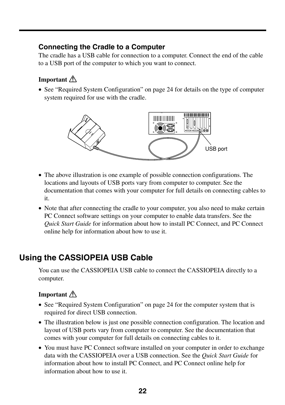 Using the cassiopeia usb cable, Connecting the cradle to a computer | Casio Cassiopeia BE-300 User Manual | Page 22 / 47