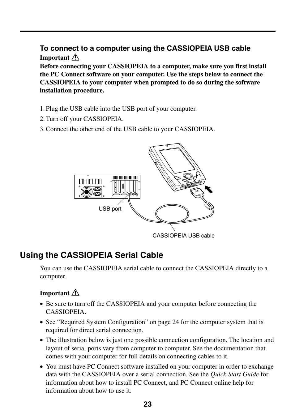 Using the cassiopeia serial cable | Casio Cassiopeia BE-300 User Manual | Page 23 / 47