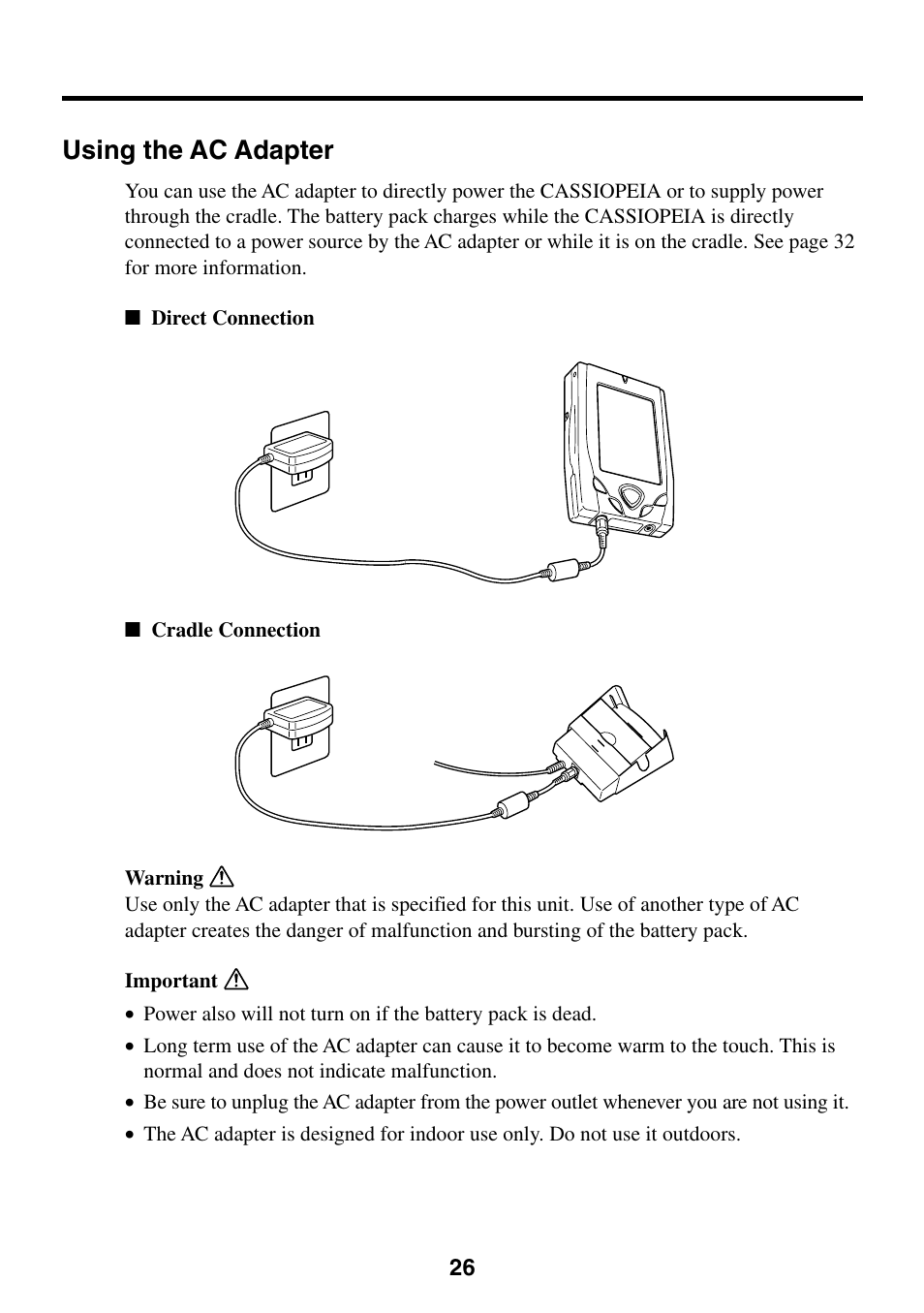 Using the ac adapter | Casio Cassiopeia BE-300 User Manual | Page 26 / 47