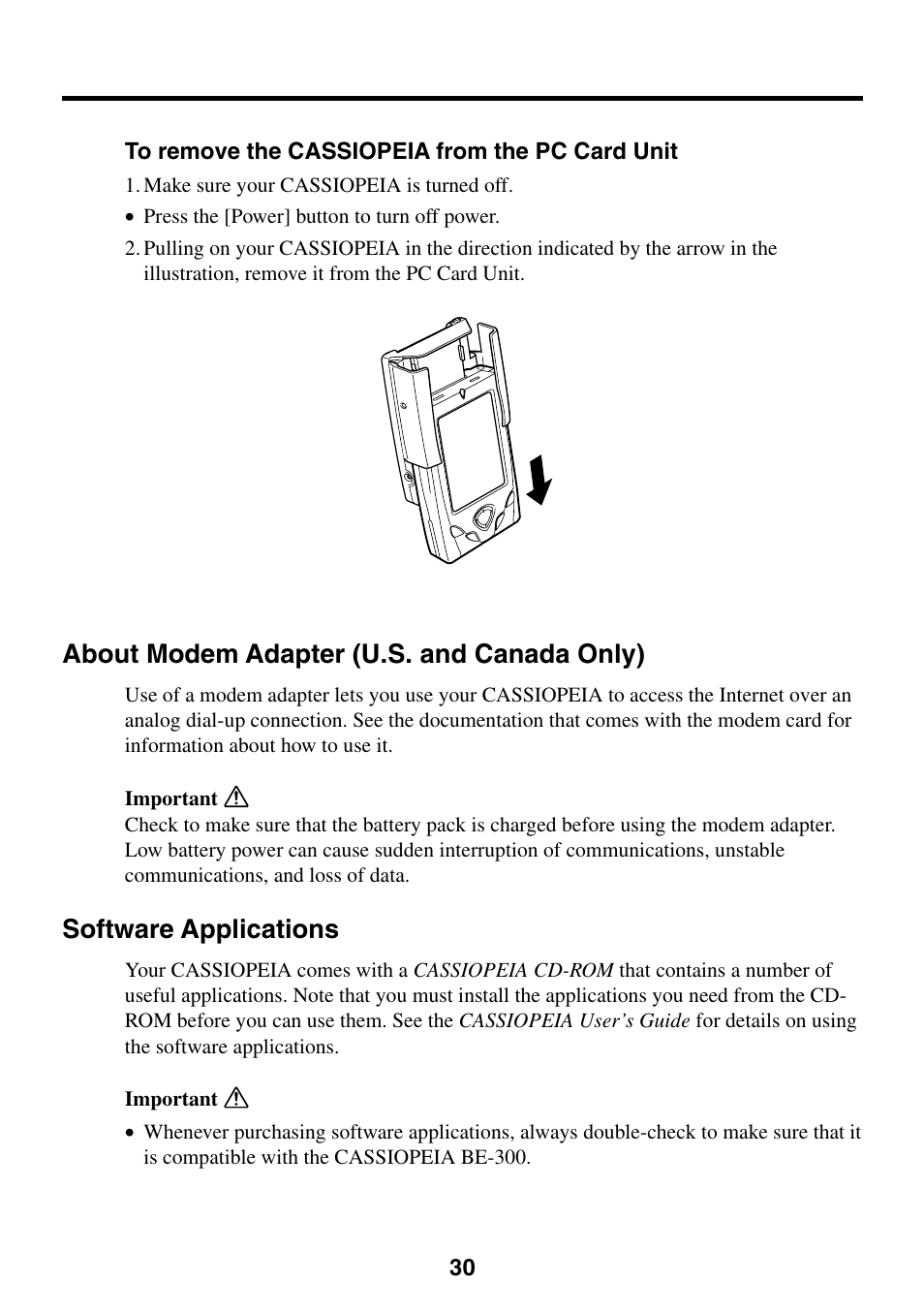 About modem adapter (u.s. and canada only), Software applications, To remove the cassiopeia from the pc card unit | Casio Cassiopeia BE-300 User Manual | Page 30 / 47