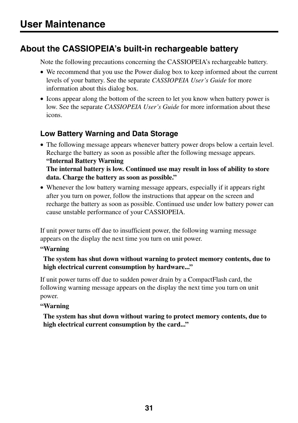 User maintenance, Low battery warning and data storage | Casio Cassiopeia BE-300 User Manual | Page 31 / 47