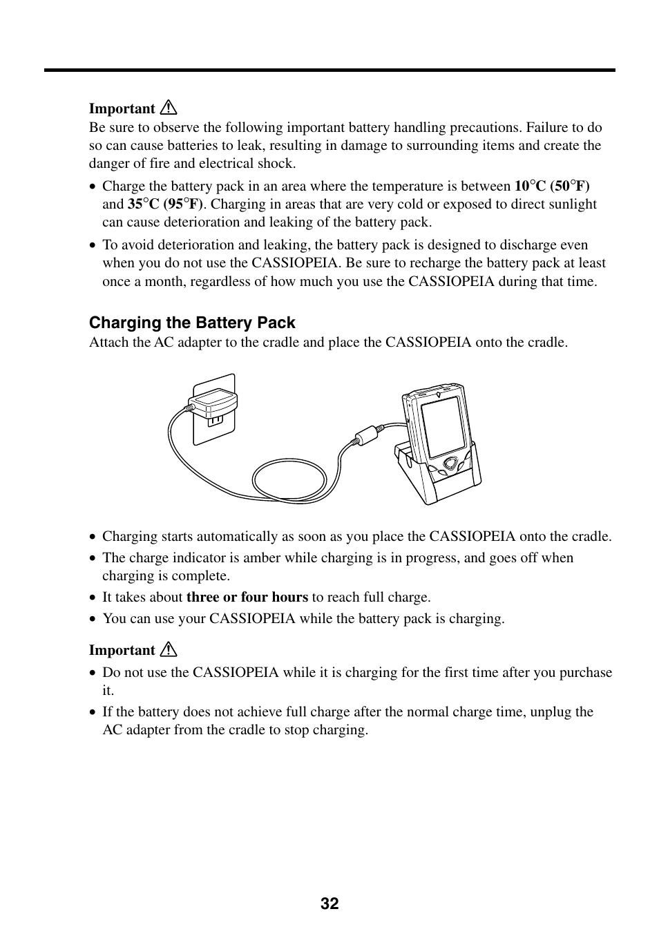 Charging the battery pack | Casio Cassiopeia BE-300 User Manual | Page 32 / 47
