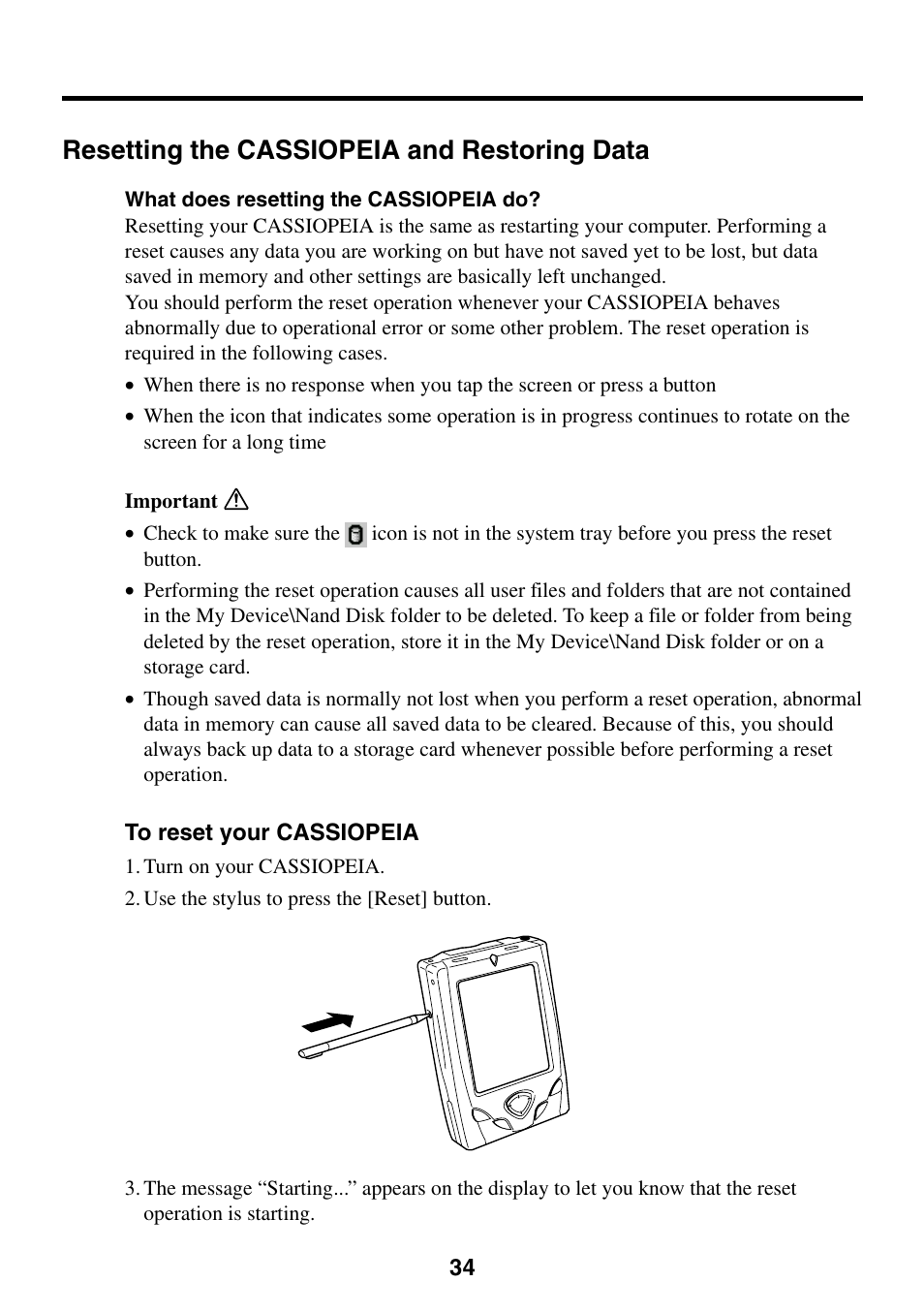 Resetting the cassiopeia and restoring data, To reset your cassiopeia | Casio Cassiopeia BE-300 User Manual | Page 34 / 47