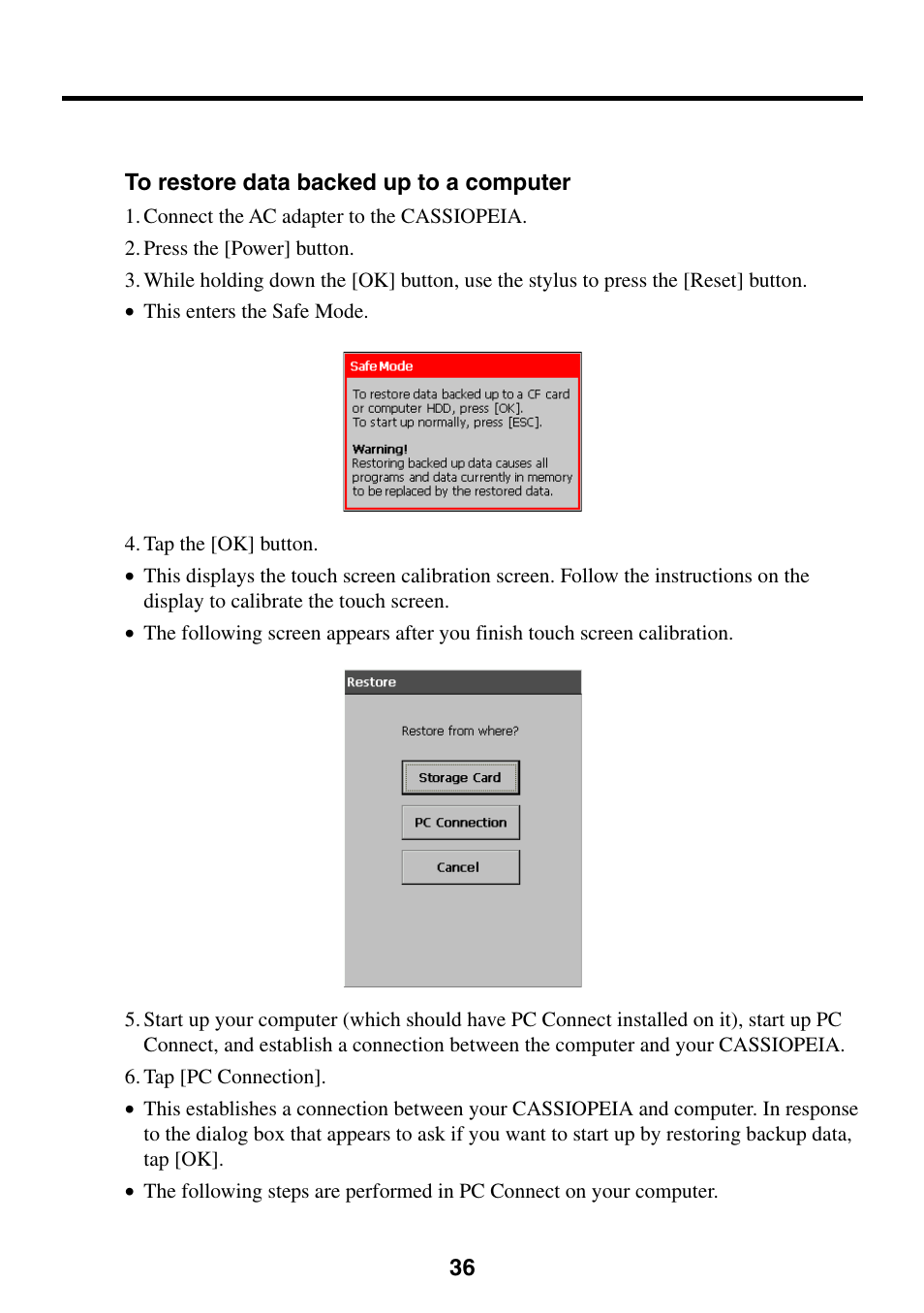 To restore data backed up to a computer | Casio Cassiopeia BE-300 User Manual | Page 36 / 47