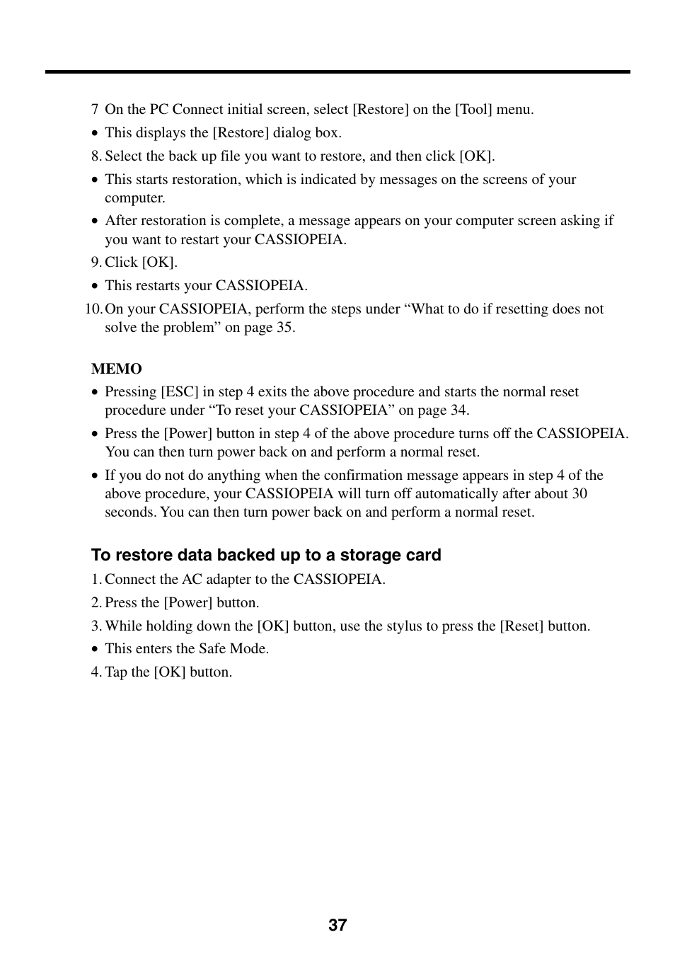 To restore data backed up to a storage card | Casio Cassiopeia BE-300 User Manual | Page 37 / 47