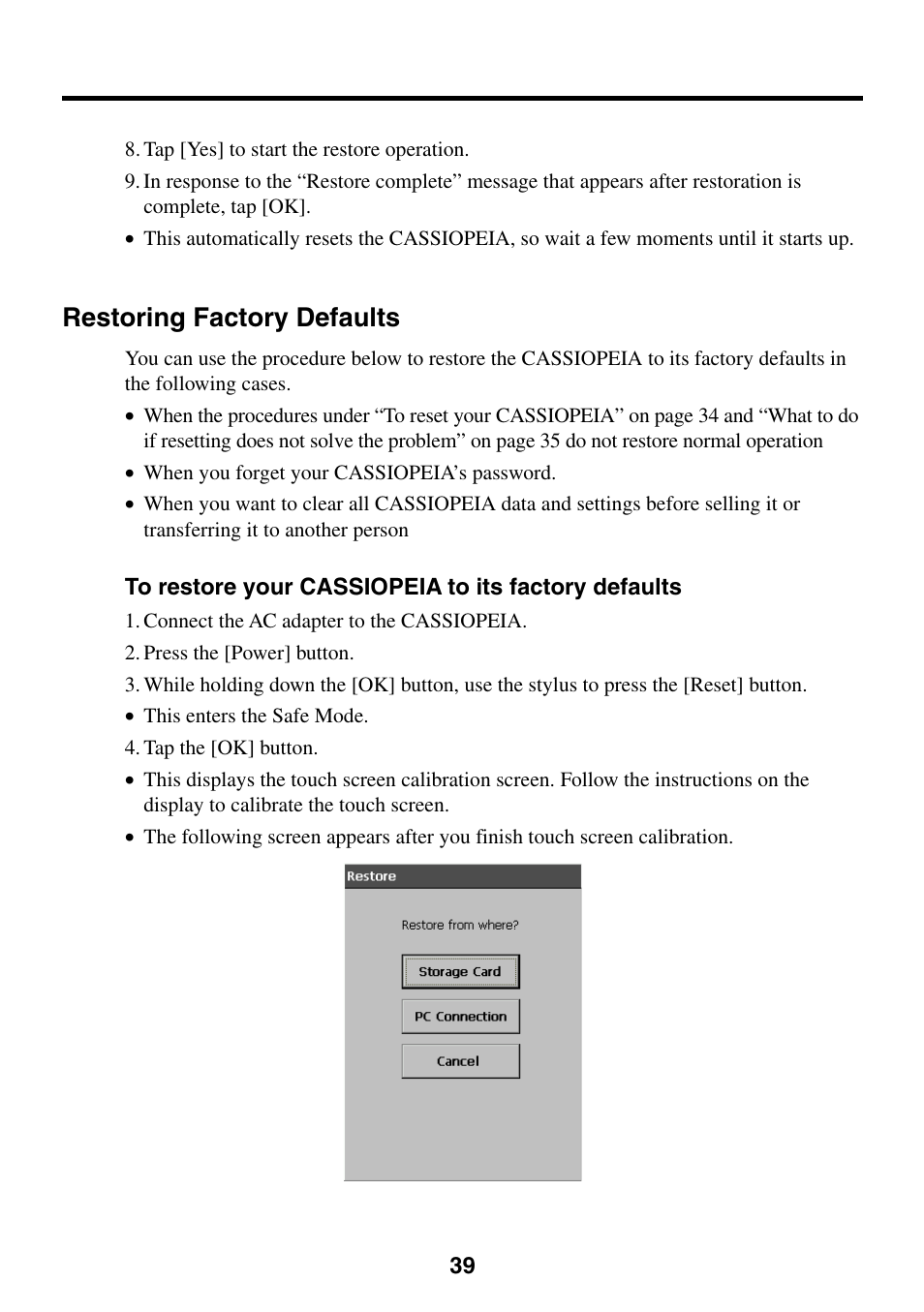 Restoring factory defaults, To restore your cassiopeia to its factory defaults | Casio Cassiopeia BE-300 User Manual | Page 39 / 47