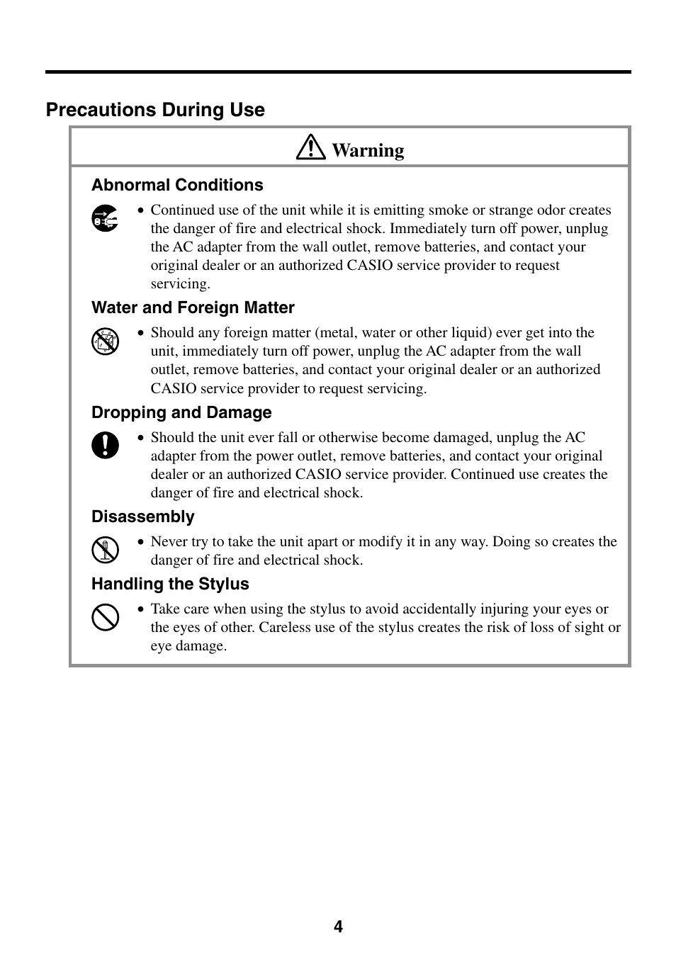 Precautions during use, Precautions during use warning | Casio Cassiopeia BE-300 User Manual | Page 4 / 47