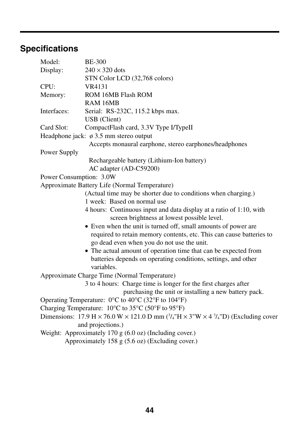 Specifications | Casio Cassiopeia BE-300 User Manual | Page 44 / 47