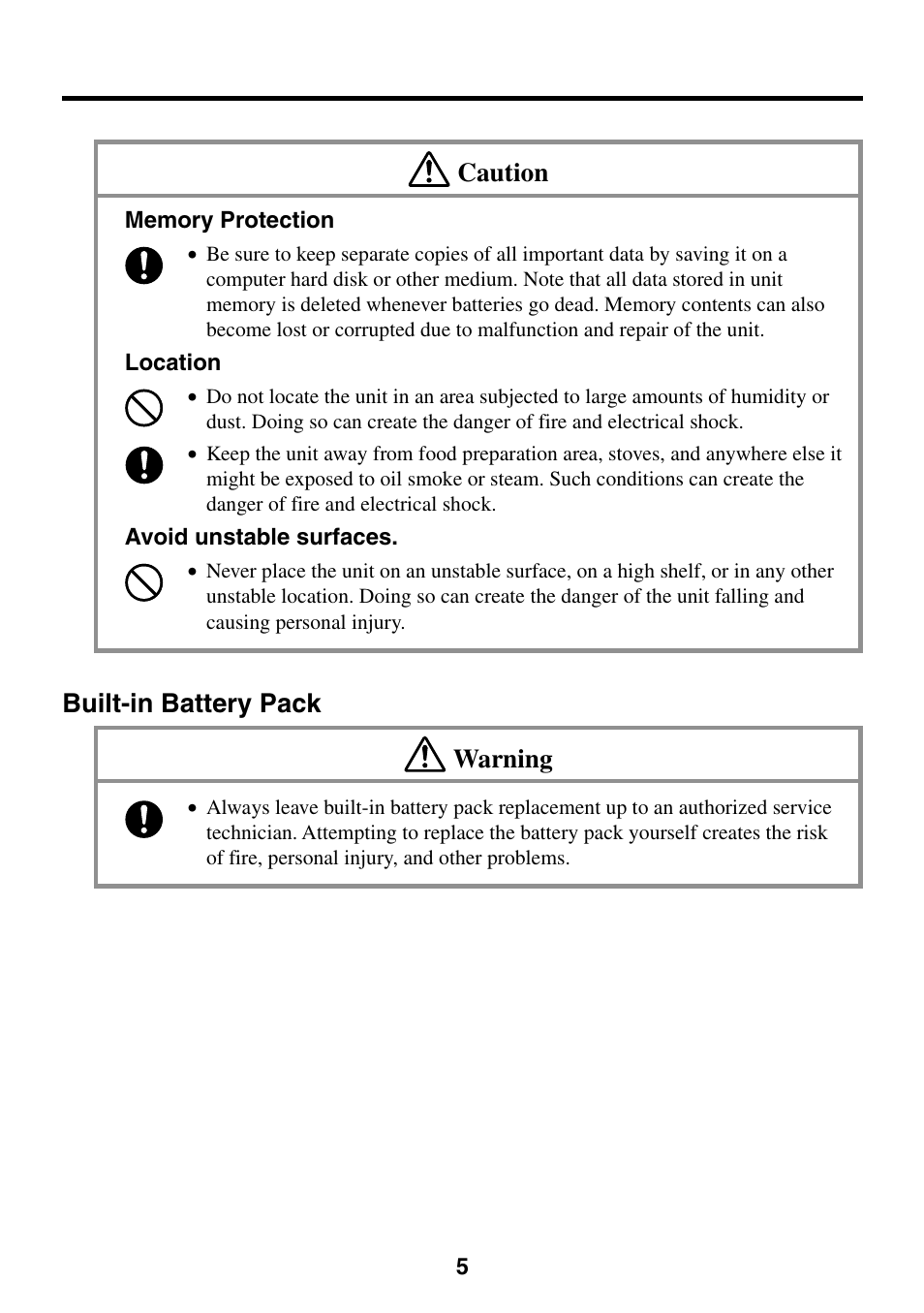 Built-in battery pack, Caution, Built-in battery pack warning | Casio Cassiopeia BE-300 User Manual | Page 5 / 47