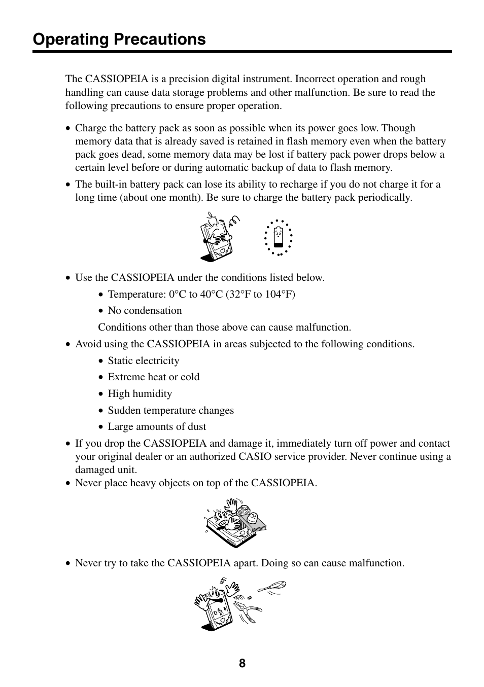 Operating precautions | Casio Cassiopeia BE-300 User Manual | Page 8 / 47