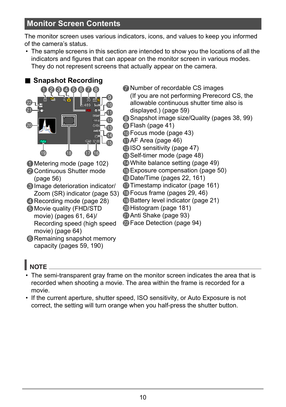 Monitor screen contents | Casio EXILIM EX-ZR20 User Manual | Page 10 / 197