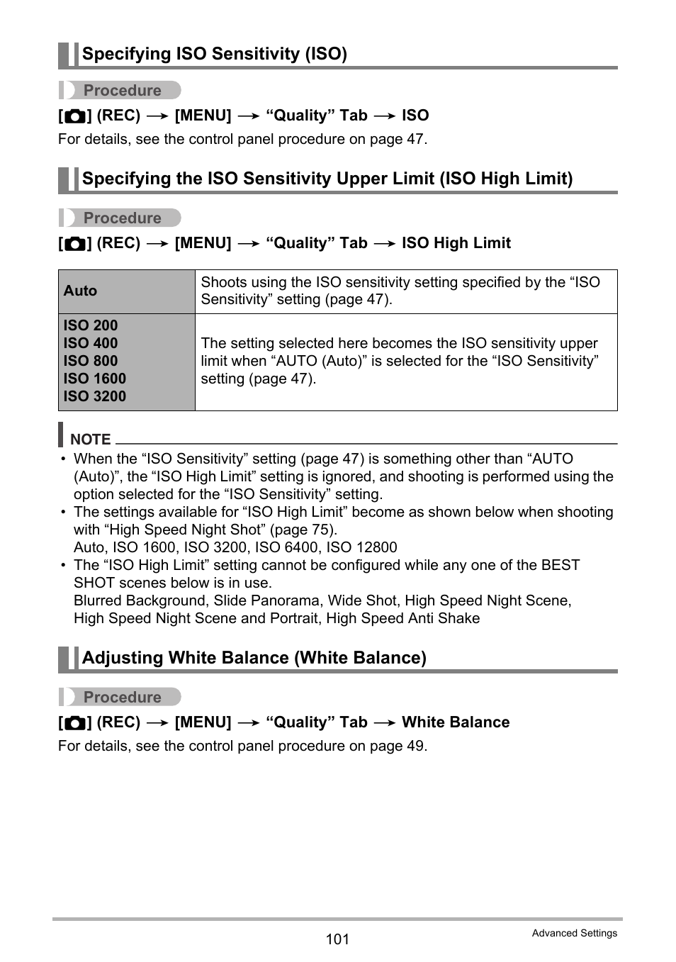 Specifying iso sensitivity (iso), Adjusting white balance (white balance) | Casio EXILIM EX-ZR20 User Manual | Page 101 / 197