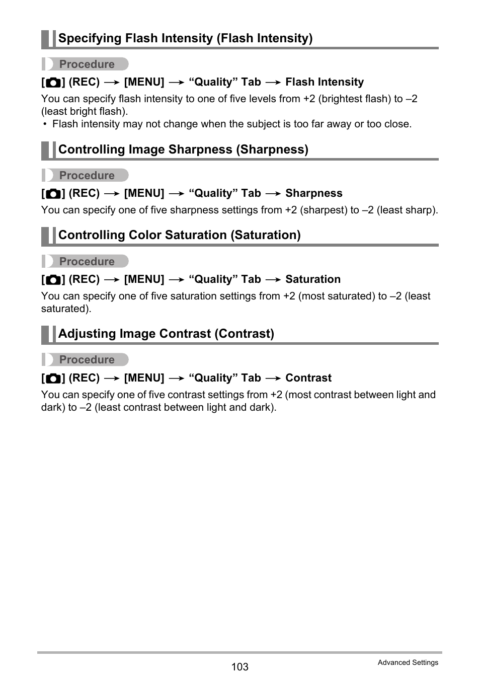 Specifying flash intensity (flash intensity), Controlling image sharpness (sharpness), Controlling color saturation (saturation) | Adjusting image contrast (contrast) | Casio EXILIM EX-ZR20 User Manual | Page 103 / 197